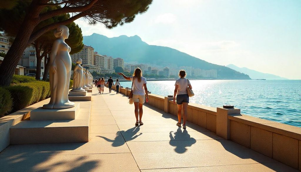 Couple on the Sculpture Path in Monaco during a cultural tour Côte d'Azur, with modern sculptures and the Mediterranean backdrop.